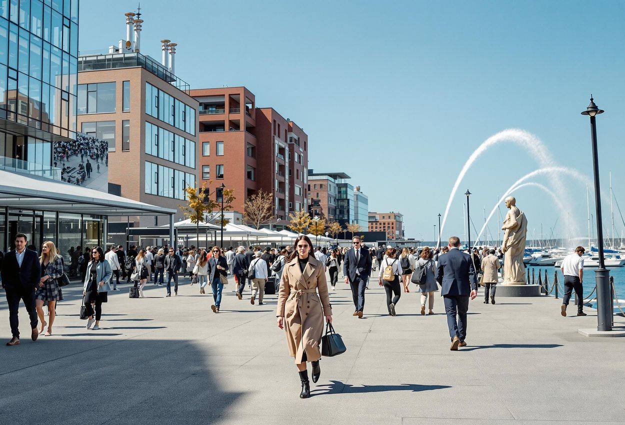 A photograph capturing the vibrant atmosphere of Fashion Week Trade at Nacka Strand, Stockholm, showcasing attendees, modern architecture, and the Baltic Sea.
