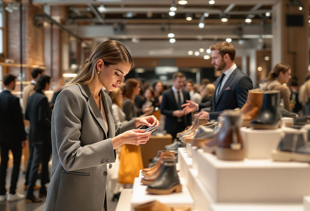 A detailed interior photograph captures the vibrant atmosphere of the Stockholm Shoe House during Fashion Week Trade, showcasing innovative and sustainable footwear designs. Attendees browse the collections, highlighting the event