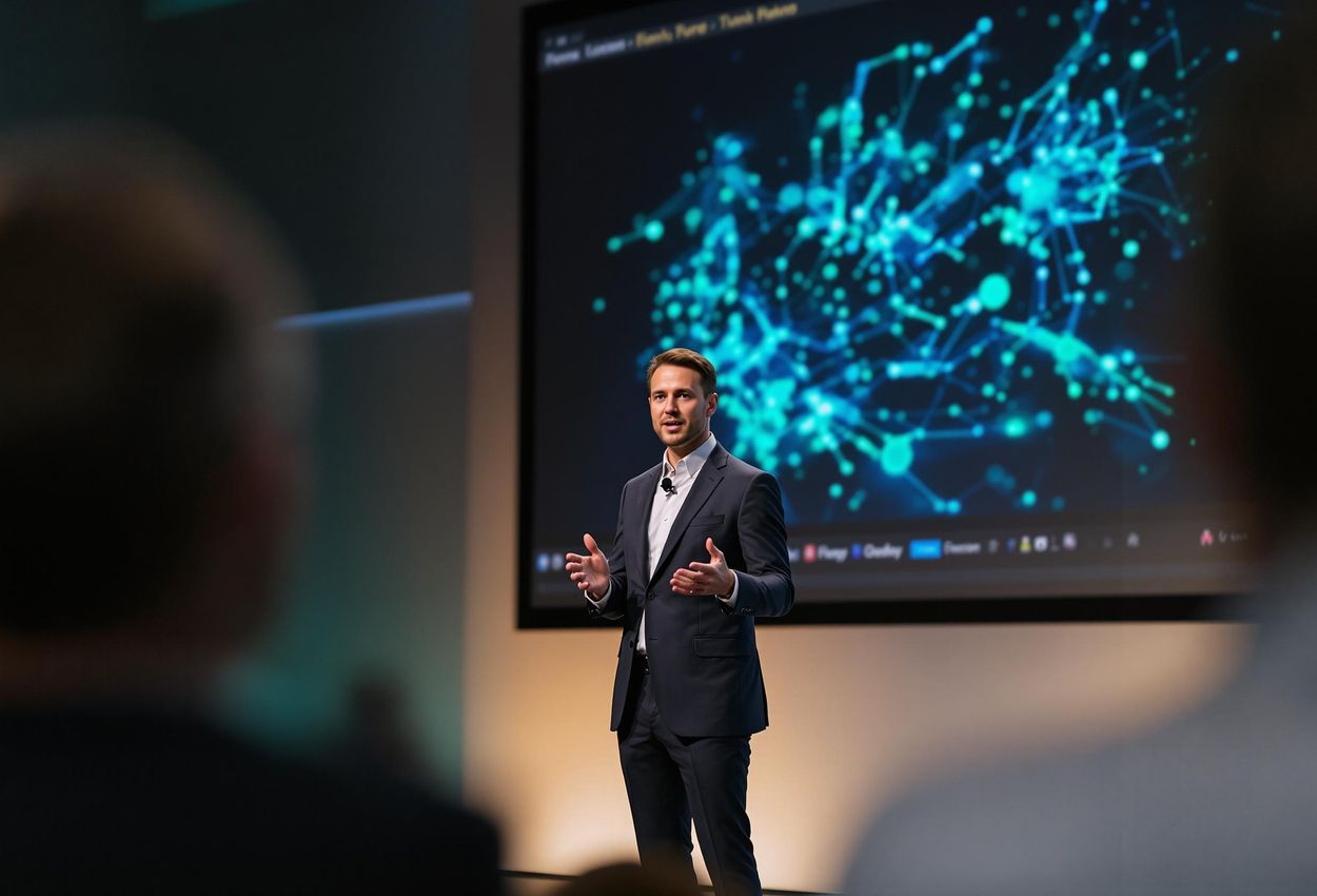 Photograph of Konrad Olsson presenting an AI seminar during Fashion Week Trade, capturing the speaker on stage with a presentation screen in the background.