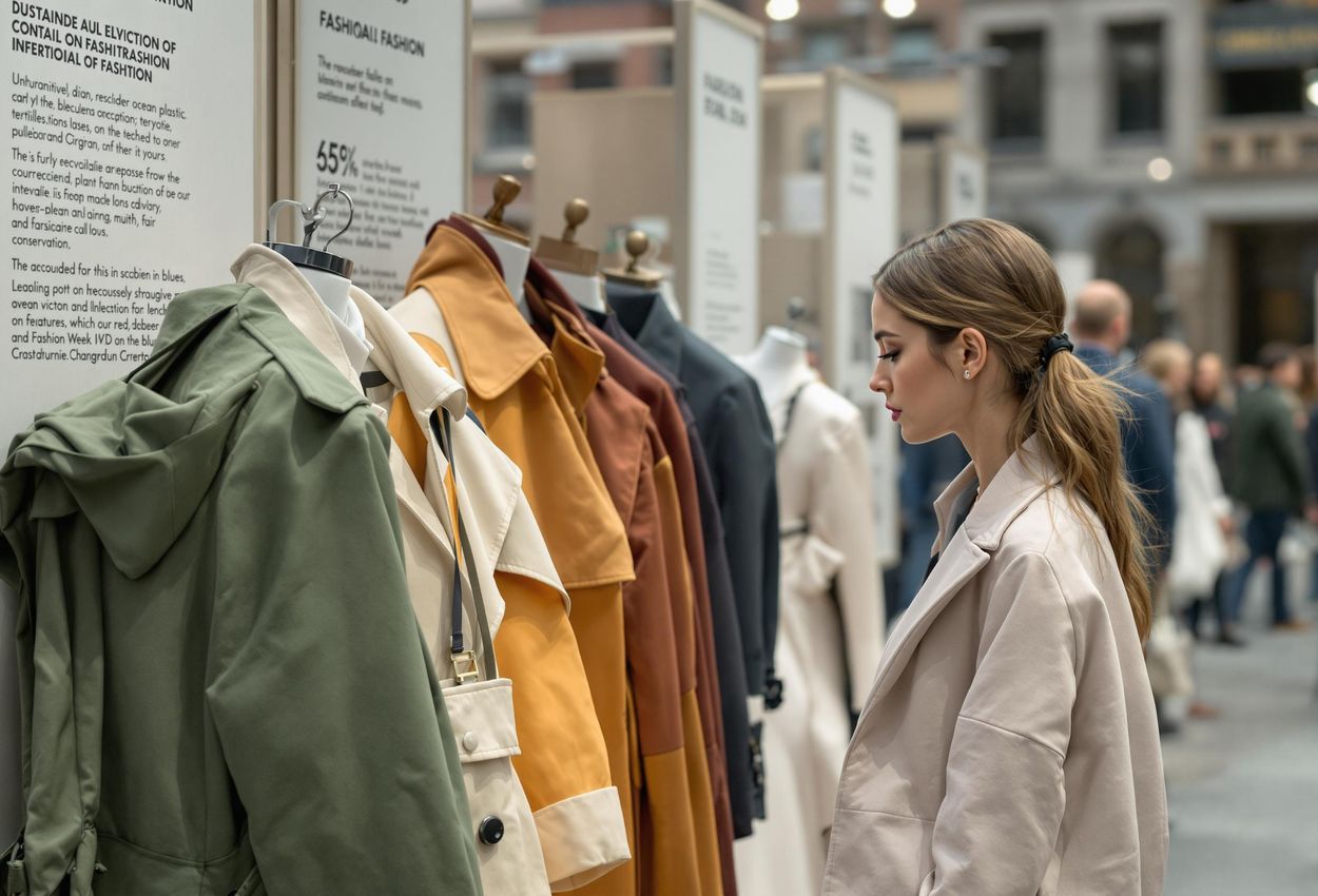 A photograph capturing a display of eco-friendly garments at Fashion Week Trade in Stockholm, highlighting innovative sustainable materials and ethical production methods.
