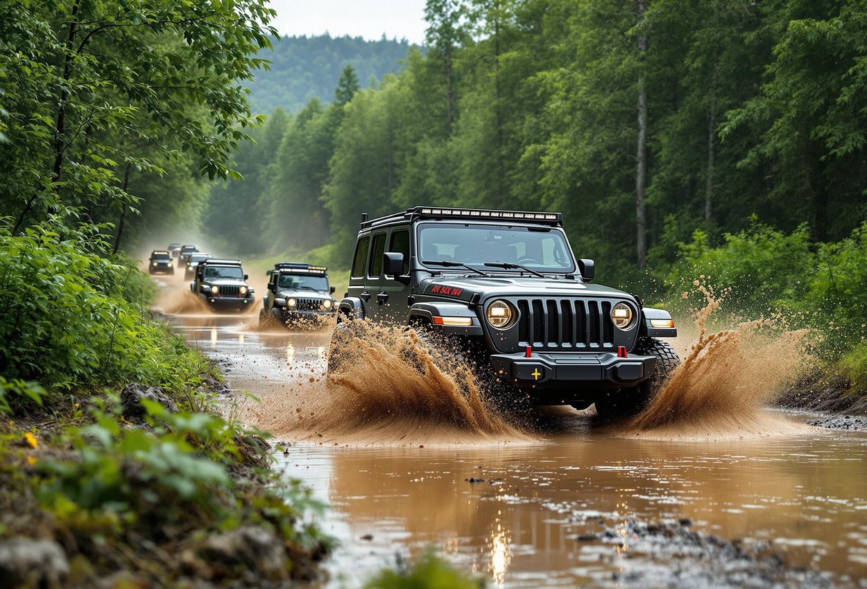 4x4 Convoy Adventure in Southern Sweden A wide-angle photograph captures a convoy of 4x4 vehicles traversing a muddy forest trail in Southern Sweden, with a modified Jeep Wrangler leading the way through a deep puddle.