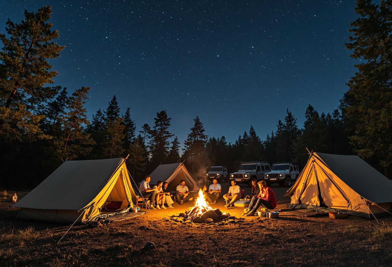 Camping Under the Stars: Sweden Offroad Tour Adventure A wide-angle photograph captures a serene campsite scene at Hästveda Sågbacken during the Sweden Offroad Tour. Tents are pitched among trees, with a campfire at the center, surrounded by people and parked 4x4 vehicles under a starry sky.