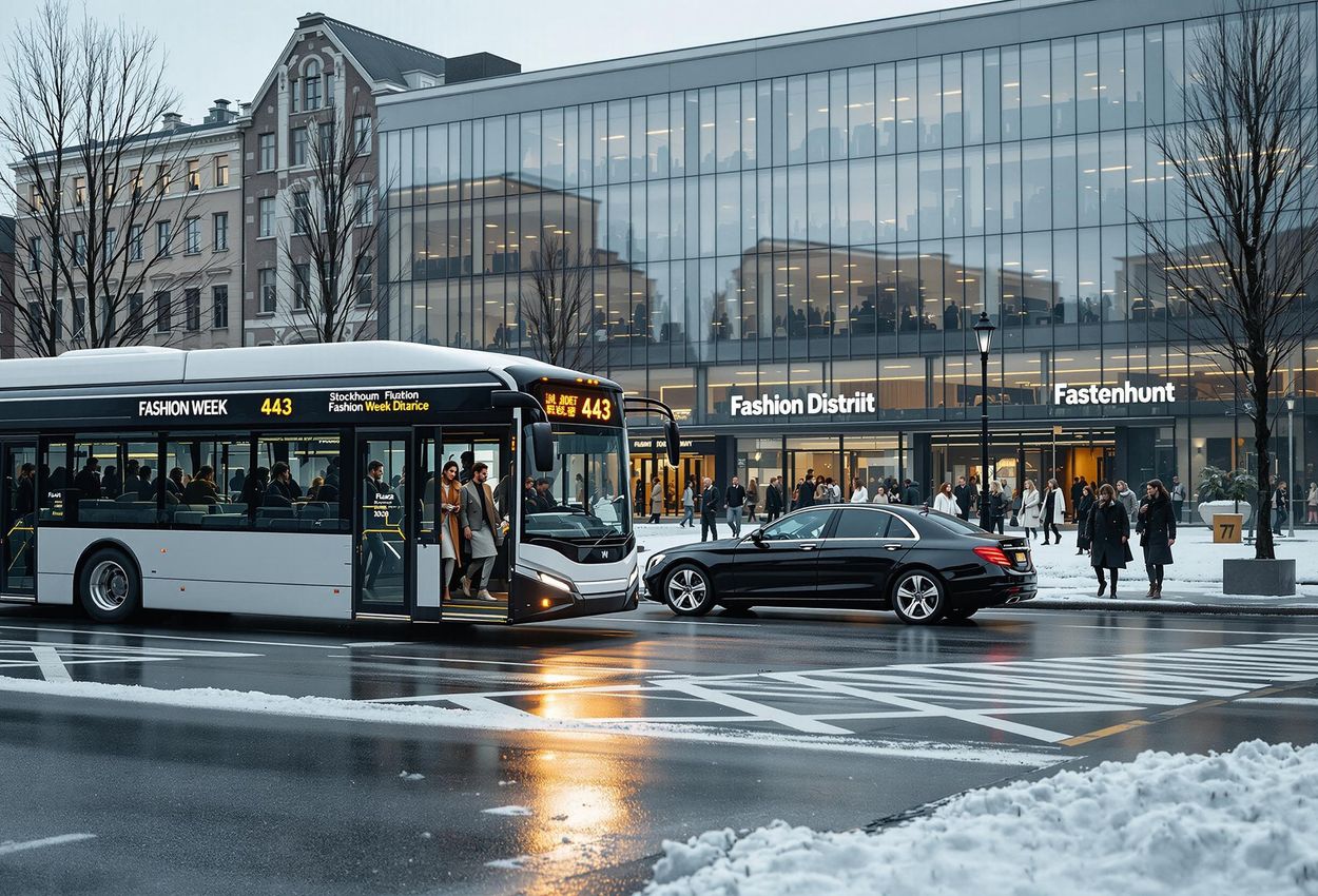 A photograph capturing the practical transportation options for attendees of Fashion Week Trade at Nacka Strand, Stockholm, featuring a bus and the Stockholm Fashion District.