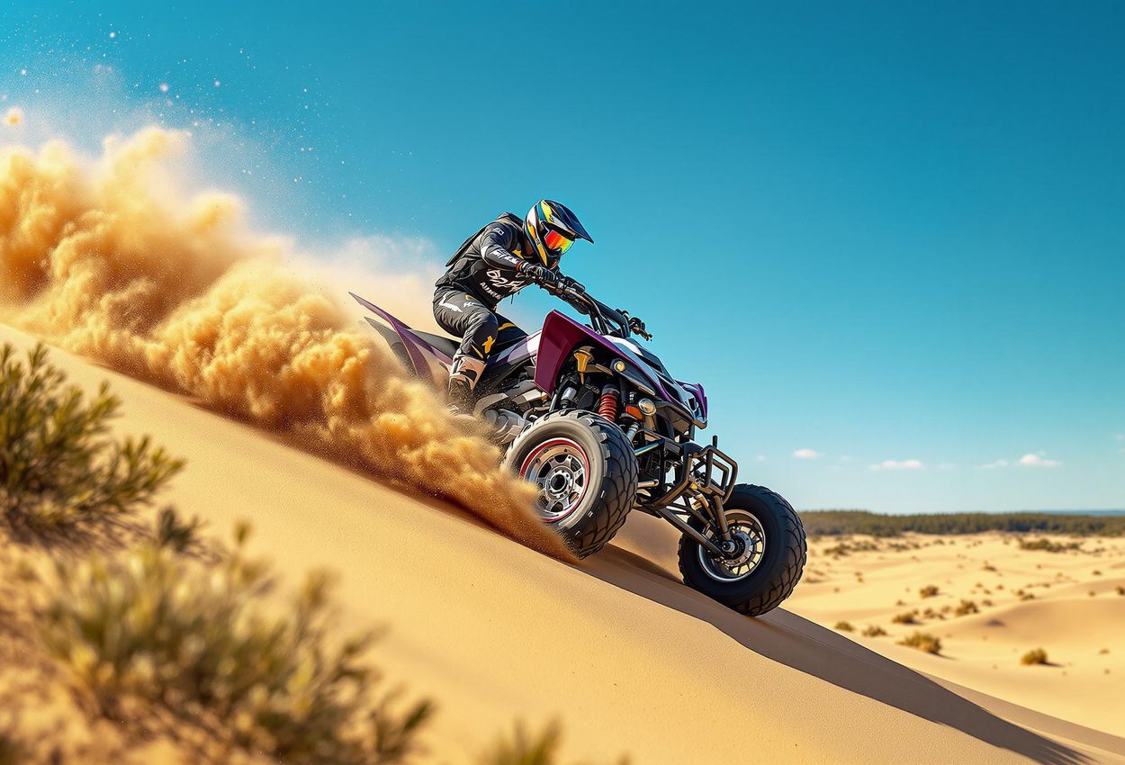 ATV Sand Dune Climb at Kristianstad Vånga Gravel Pit, Sweden An action shot capturing a modified ATV conquering a steep sand dune at Kristianstad Vånga gravel pit in Sweden. The image showcases the thrill of off-road driving in a stunning natural landscape.