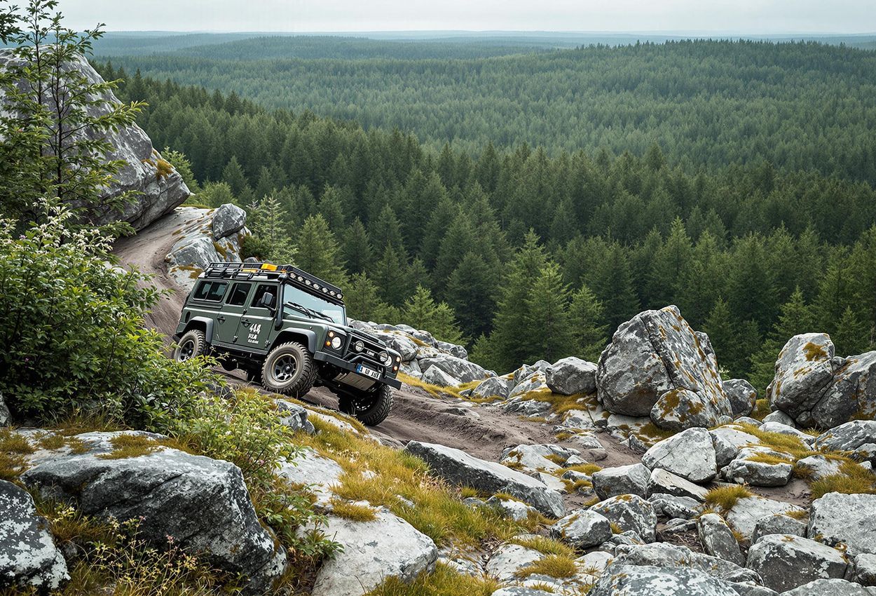 4x4 Adventure in Borås Bråt, Sweden - Exploring Rugged Terrain A landscape photograph capturing a 4x4 vehicle navigating the rocky terrain of Borås Bråt, Sweden, showcasing the beauty and challenge of the Swedish wilderness.