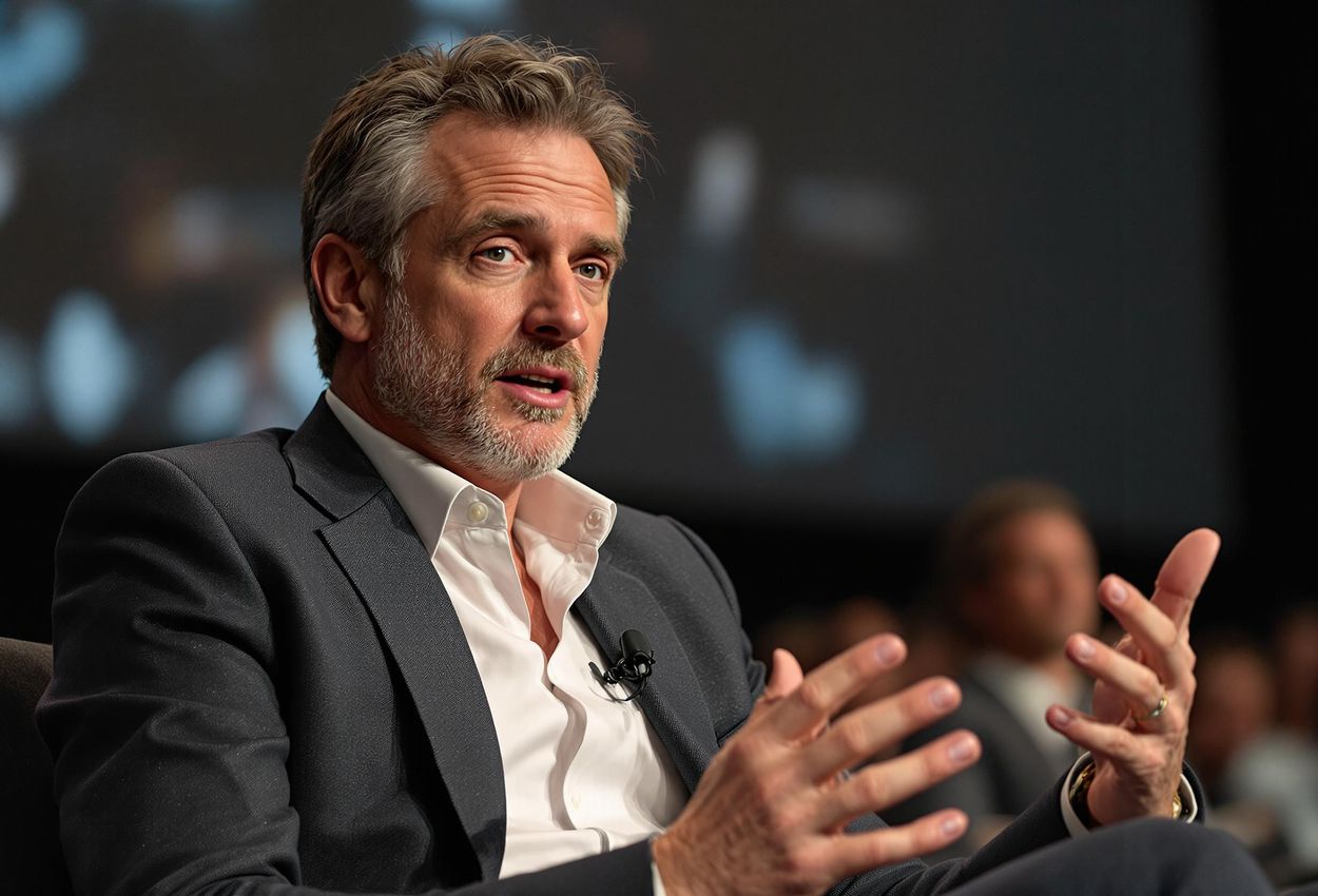 A candid photograph of director Eirik Svensson during a Q&A session at the Göteborg Film Festival, capturing his thoughtful expression and engagement with the audience.