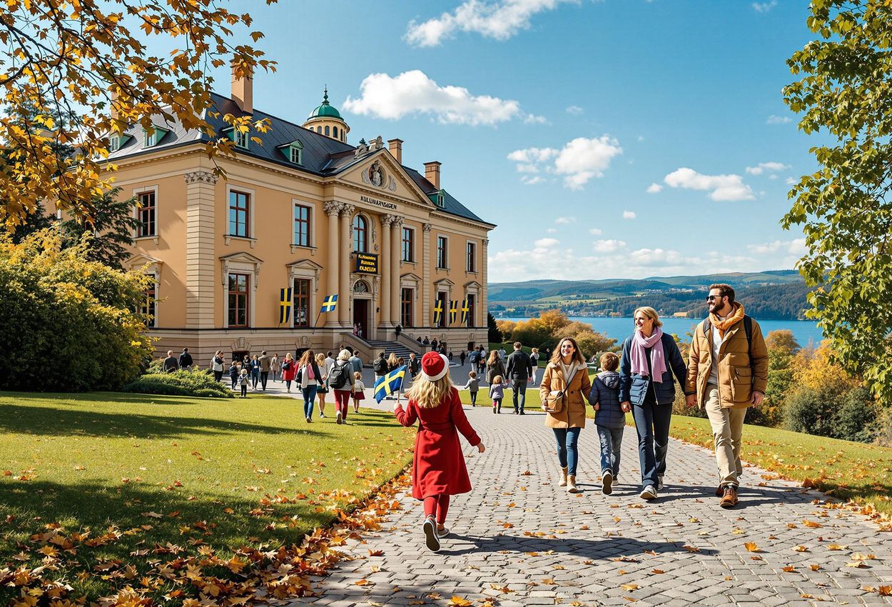 A scenic photograph capturing the vibrant atmosphere of Kulturarvsdagen at Steninge Palace in Sweden. Diverse tourists explore the historical manor, adorned with Swedish flags, amidst a picturesque autumn landscape.