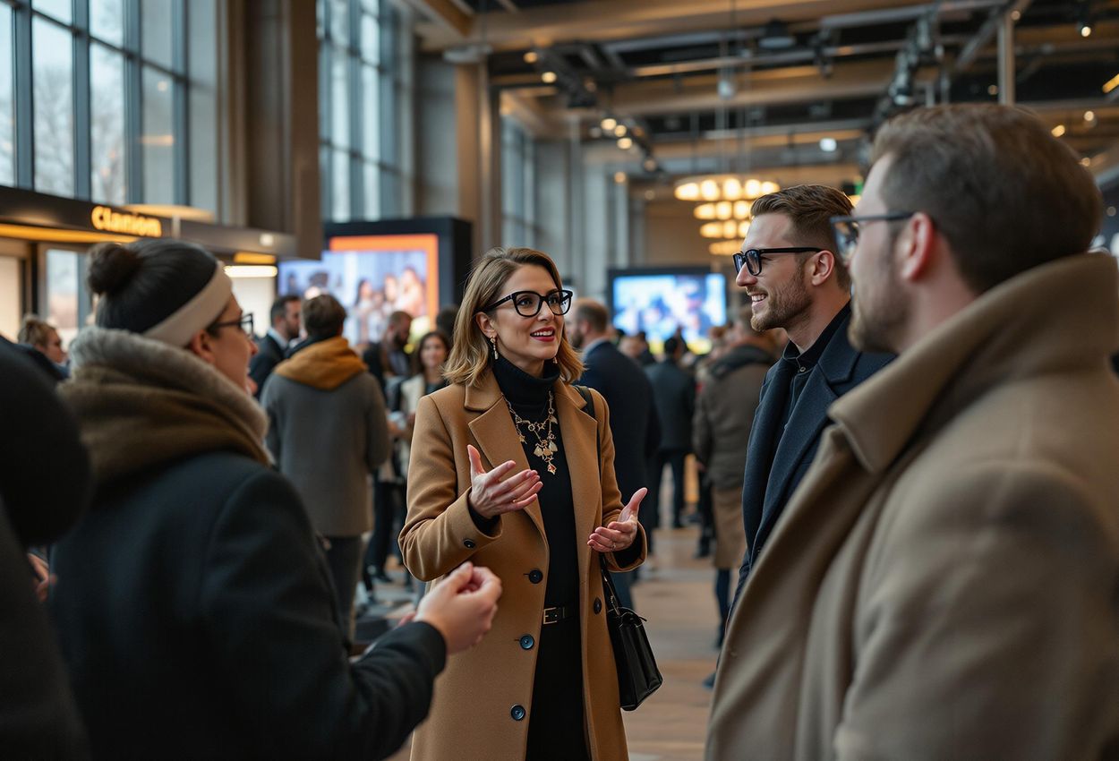 A photograph capturing the vibrant atmosphere of the Nordic Film Market at Clarion Hotel Draken in Gothenburg, showcasing industry professionals networking and collaborating.
