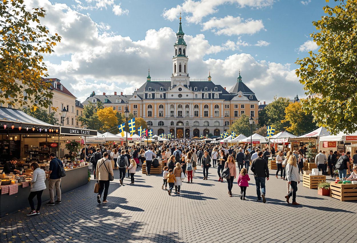 A bustling scene at the Umeå Taste Festival, showcasing diverse culinary delights and a lively crowd in the heart of Umeå, Sweden.