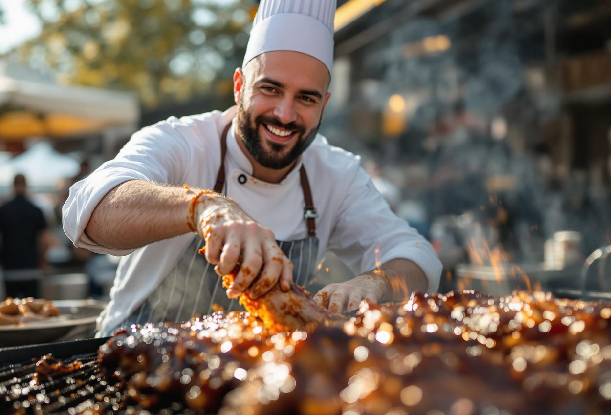 A close-up photograph of a chef preparing BBQ ribs at the Umeå Taste Festival. The image captures the chef