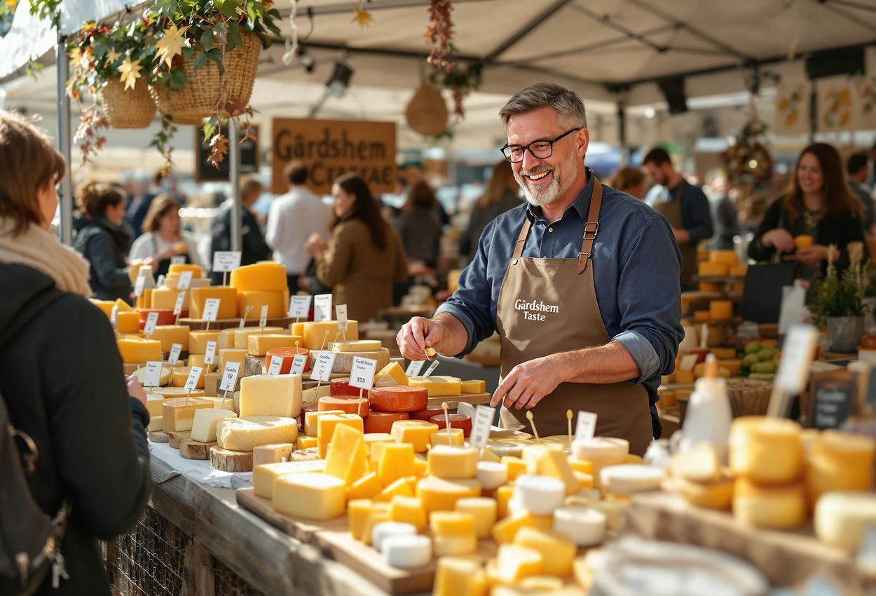 A medium shot captures a cheese vendor at the Umeå Taste Festival, showcasing a variety of Gårdshem artisanal cheeses in a lively market setting.