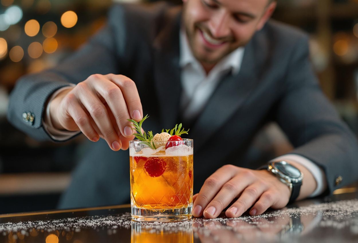 A close-up photograph of Emil Åreng, owner of Facit Bar, crafting a signature cocktail at the Umeå Taste Festival. The image captures his passion and the artistry of cocktail creation.