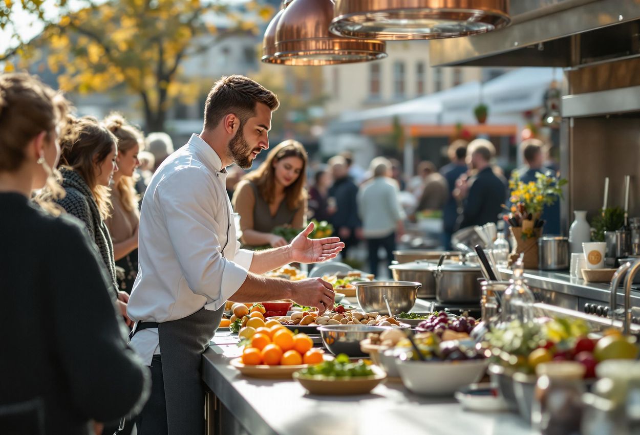 A photograph capturing a chef leading an engaging cooking class on foraged ingredients at the Umeå Taste Festival, highlighting the flavors of the Umeå region.