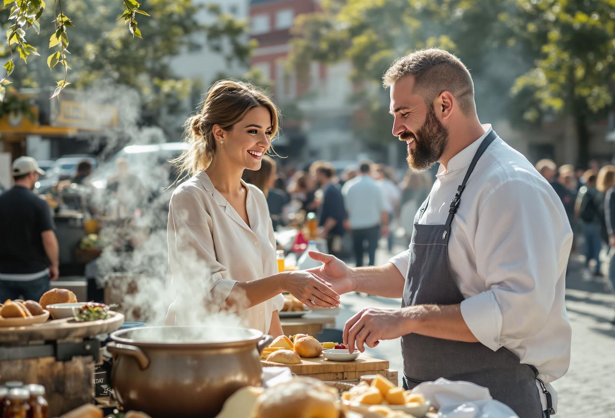 A candid photograph capturing a visitor interacting with a chef at the Umeå Taste Festival, showcasing local cuisine and the festival