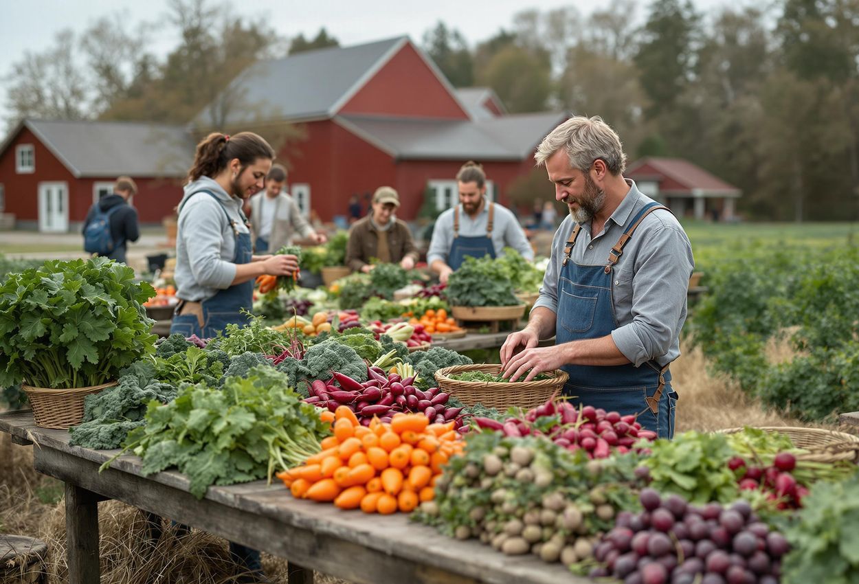 A photograph capturing a day at Hälje Gård, a sustainable farm in Umeå, Sweden. The image showcases the farm
