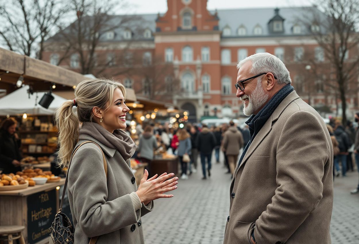 A candid photograph capturing the vibrant atmosphere of the Heritage Fair in Gothenburg, showcasing attendees engaged in discussions and exploring exhibits against the backdrop of the city