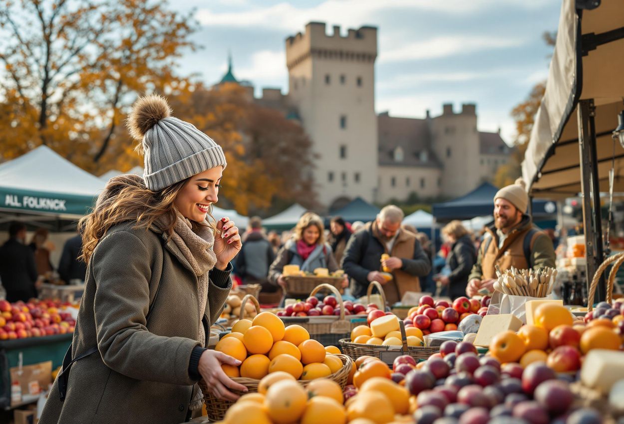 A photograph capturing the lively atmosphere of the Sörmland Harvest Market in Nyköping, Sweden, featuring colorful stalls, local produce, and the historic Nyköping Castle in the background.