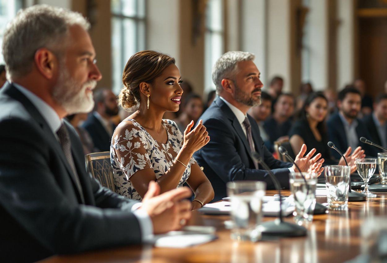 A close-up photograph of a panel discussion at the Heritage Fair, featuring speakers engaged in a lively debate with an attentive audience in the background.