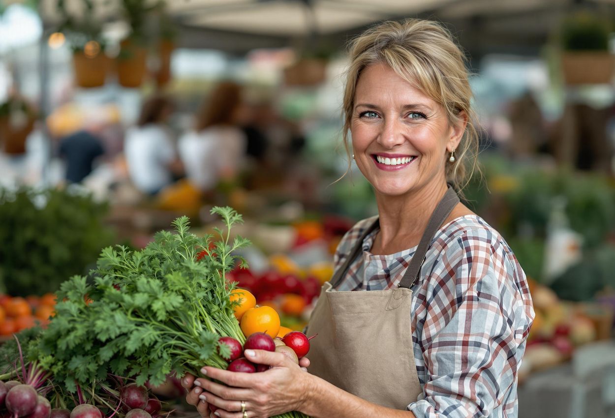 A close-up photograph of Ingrid, an organic farmer, at her stall at the Sörmland Harvest Market, holding freshly harvested vegetables. The image captures her passion for sustainable agriculture and connection to the land.