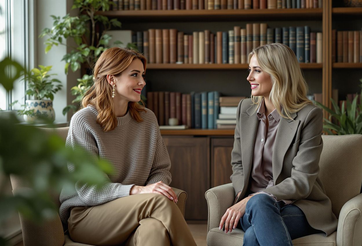 A photograph capturing Jenny Högström Berntson and Vivian Smits in an insightful interview at Heritage Academy, surrounded by bookshelves and cultural artifacts.