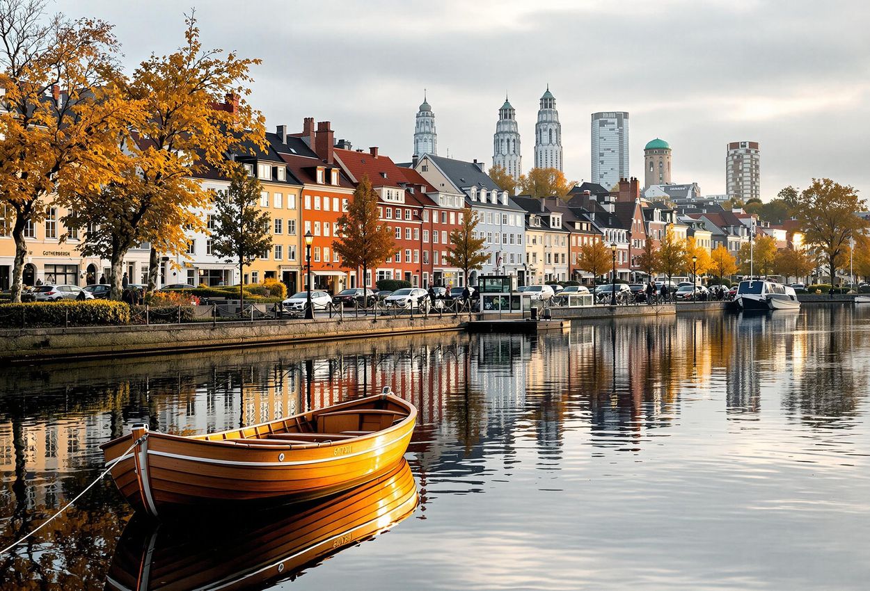 A scenic photograph of Gothenburg, Sweden, featuring a traditional wooden boat gliding along a canal, reflecting the colorful buildings and lush greenery of the city.