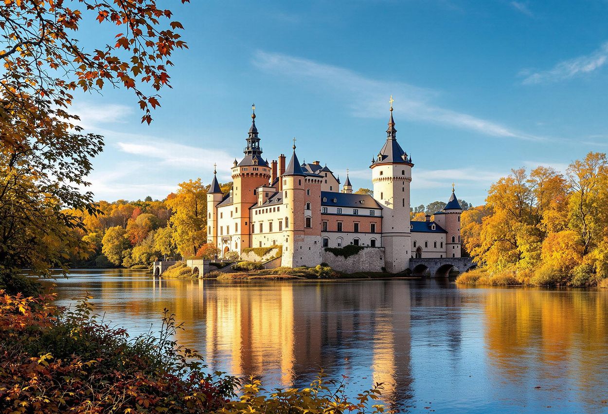 A photograph of Nyköping Castle and the Nyköping River during autumn, showcasing vibrant foliage and golden light.