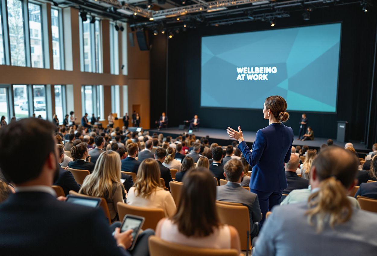A wide-angle photograph capturing the opening session of the Wellbeing at Work Summit Nordics in Stockholm, Sweden. The scene showcases a modern conference hall filled with attendees listening to a keynote speaker.
