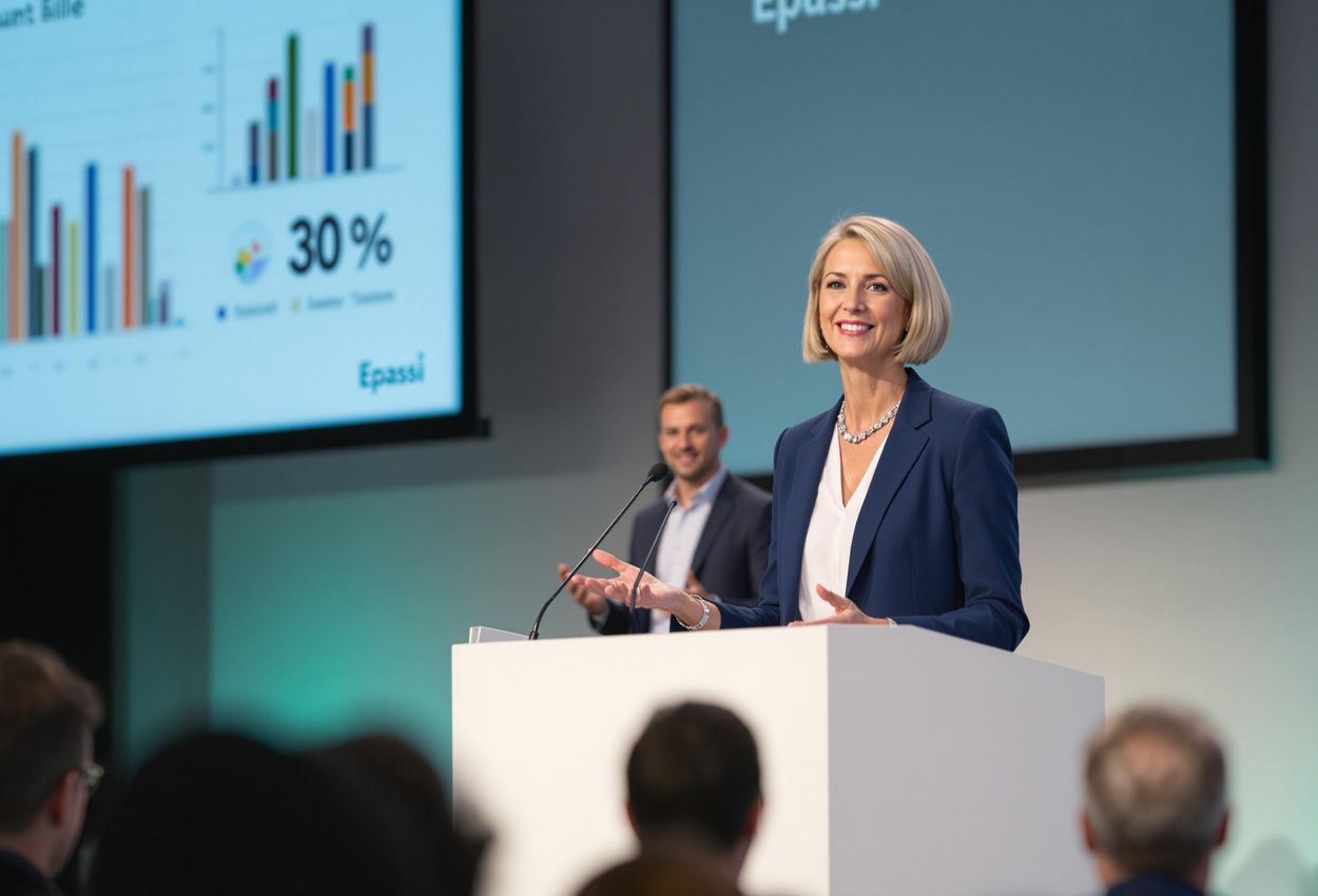 A photograph of Åsa Severgårdh, CEO of Epassi Sweden, delivering a keynote speech at the Wellbeing at Work Summit Nordics on May 20, 2025. She is standing behind a podium on a brightly lit stage, engaging with the audience.