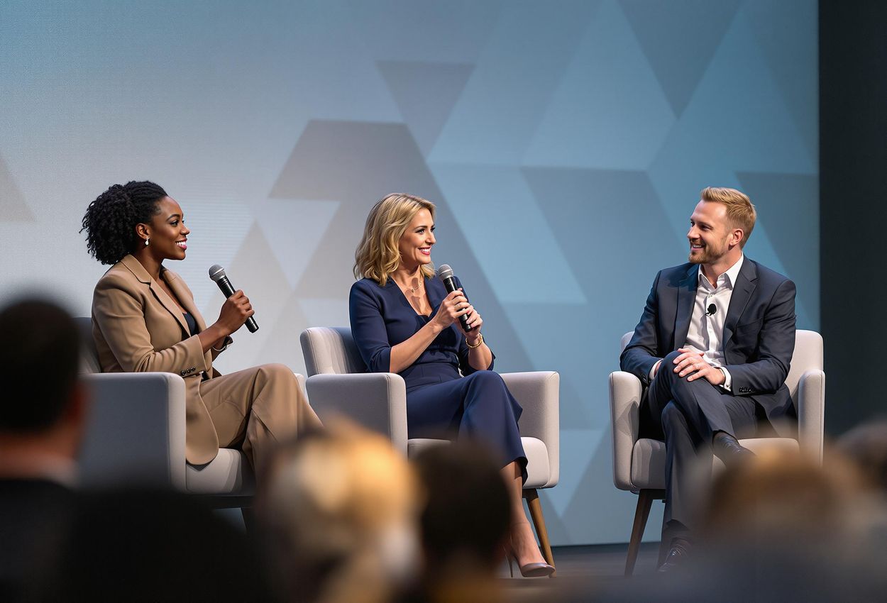 A photograph of a panel discussion at the Wellbeing at Work Summit Nordics in Stockholm, featuring Denise Beniwa Johnson, Lisa Göthberg, and Nick Ward, discussing workplace wellbeing.
