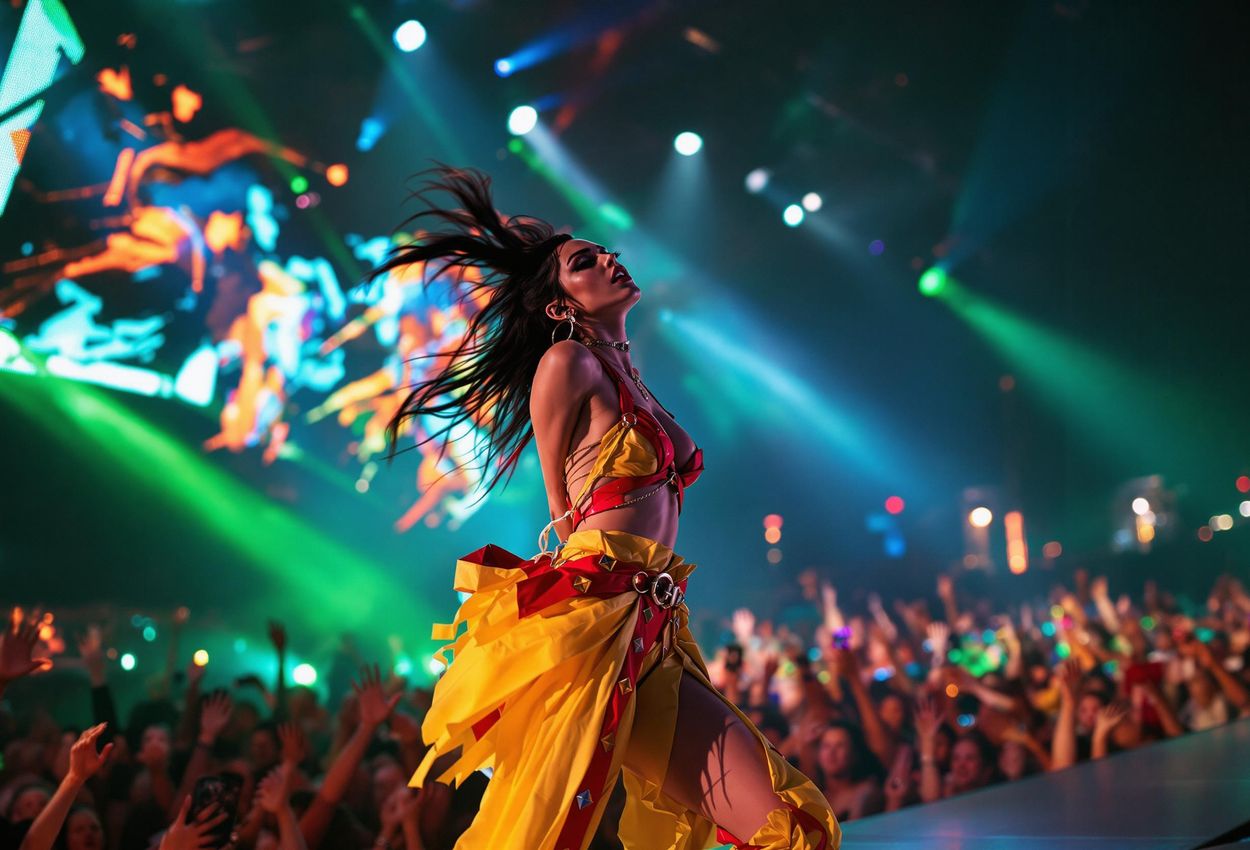 A dynamic telephoto shot captures Charli XCX performing live at Way Out West festival in Gothenburg, Sweden. The image showcases her energy and the vibrant atmosphere of the concert.