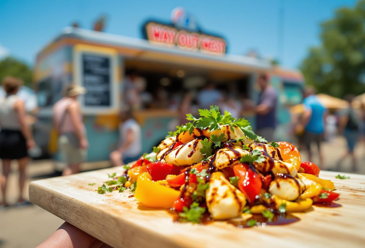 A close-up photograph of a vibrant vegetarian dish served at a food truck during lunchtime at Way Out West festival in Gothenburg, Sweden. The image captures the intricate details and appetizing presentation of the food, with the food truck and festival-goers visible in the background.