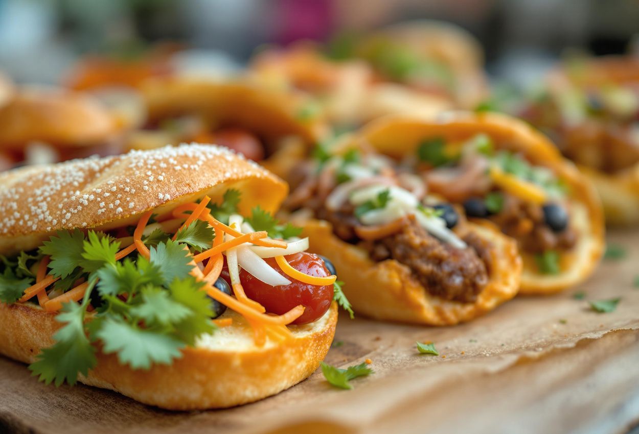 A close-up photograph showcasing a variety of international street food dishes, including Vietnamese bánh mì, Argentinian empanadas, and Swedish Tunnbrödrulle, at a vibrant food festival.