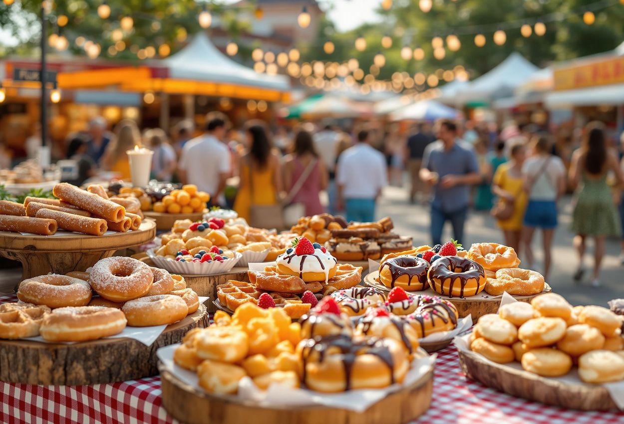 A vibrant photo capturing a delicious array of desserts at a street food festival on July 25, 2025, featuring churros, donuts, waffles, and Swedish pastries, with people enjoying the lively atmosphere.