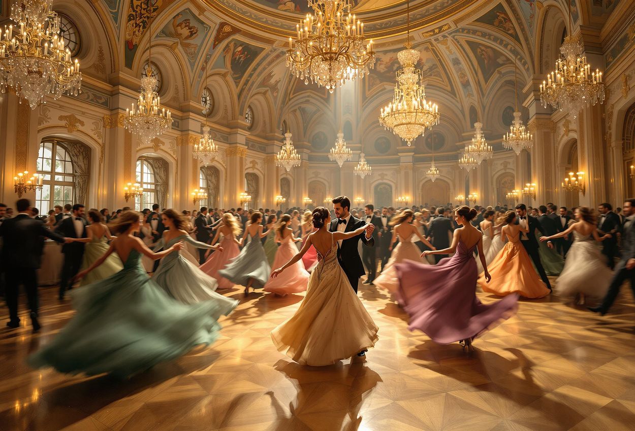 A wide-angle photograph capturing the energy and elegance of a Viennese ball, with couples waltzing under ornate chandeliers in a grand ballroom.