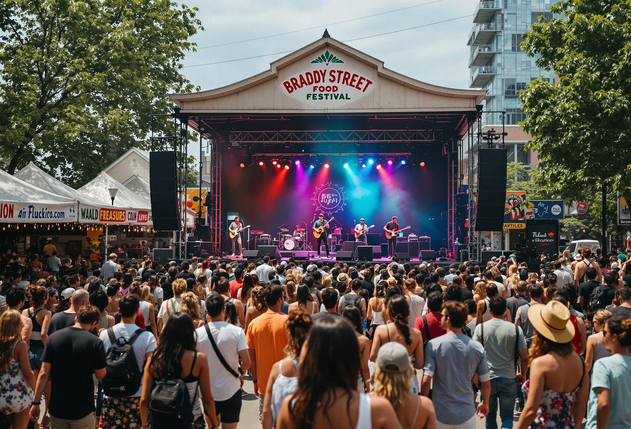 A vibrant photograph capturing the musical energy of the Brady Street Food Festival in Milwaukee, featuring live bands, DJs, and a dancing crowd.