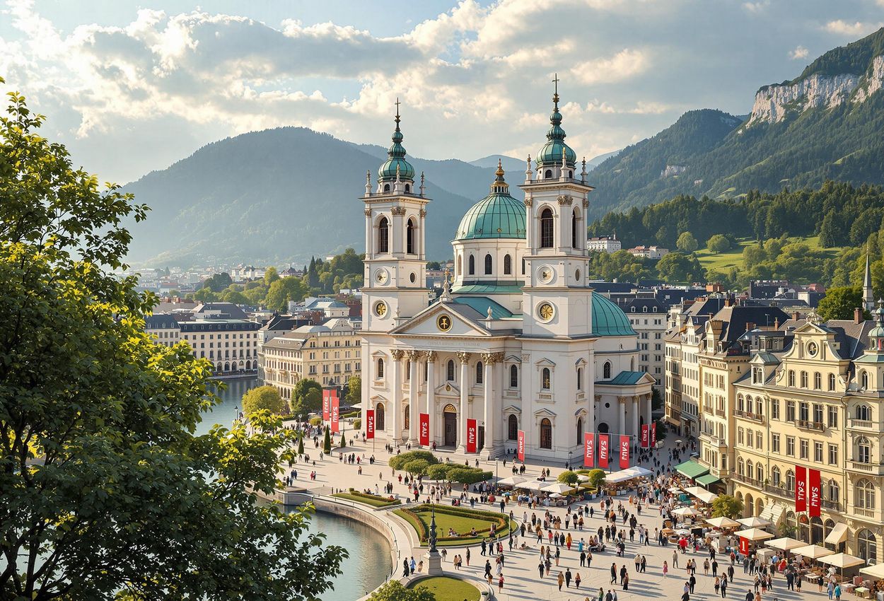 A captivating view of Salzburg during the festival, featuring the iconic Salzburg Cathedral framed by the surrounding mountains and vibrant city life.