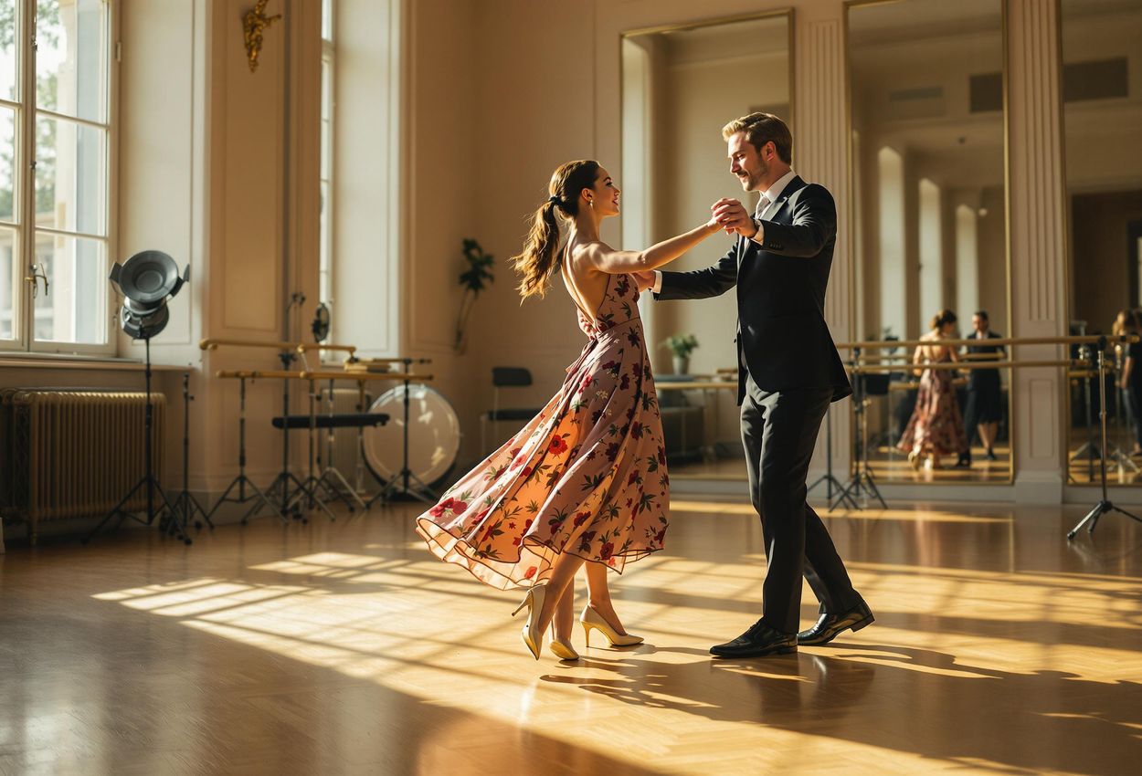 A candid photograph capturing a couple taking waltz lessons at the Elmayer Dance School in Vienna, Austria. The image showcases the joy and learning process, with a focus on the interaction between the couple and the instructor.