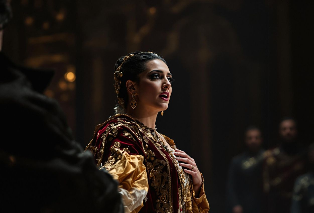 A captivating photograph of Asmik Grigorian performing as Lady Macbeth at the Salzburg Festival, showcasing her intense expression and powerful stage presence in Verdi