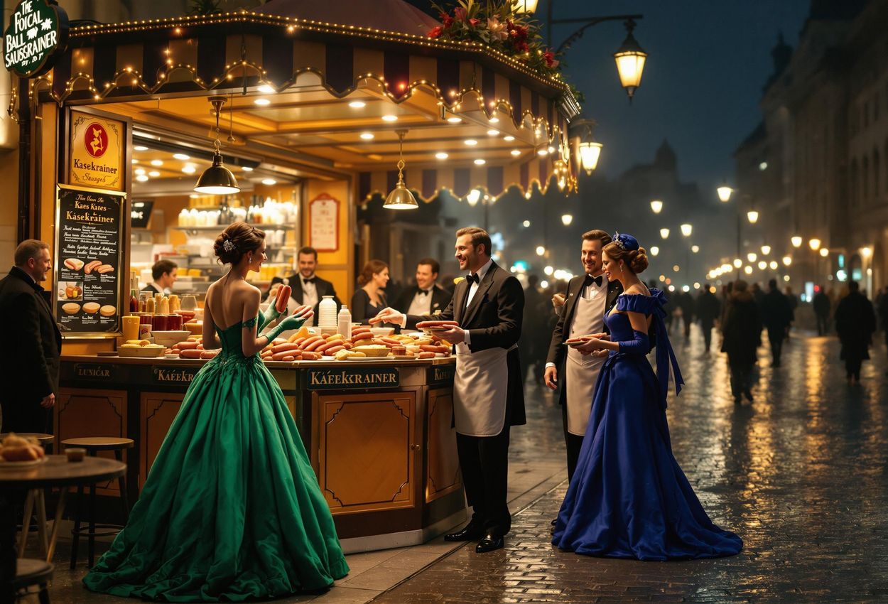 A street-style photograph capturing elegantly dressed ball-goers enjoying traditional Viennese sausages at a late-night sausage stand, showcasing the unique local culture.