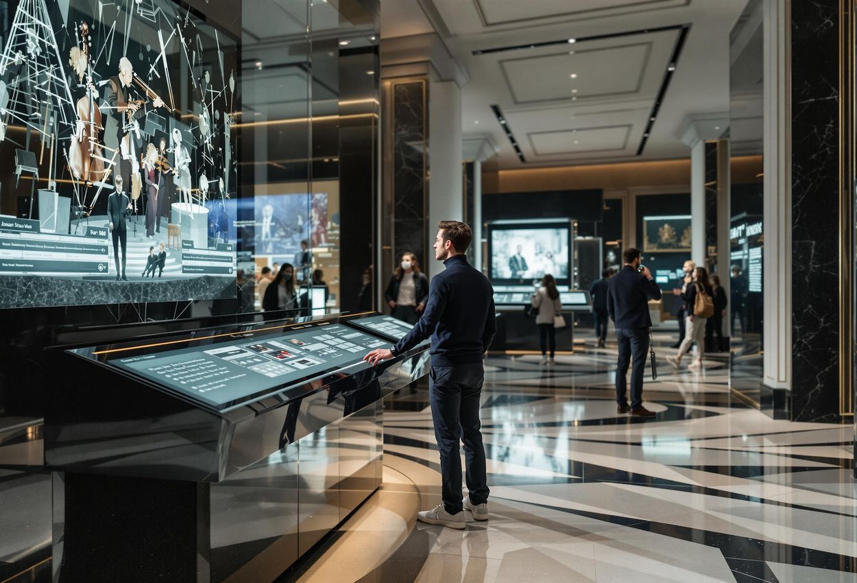 An interior photograph of the Johann Strauss Museum in Vienna, featuring a visitor engaging with an interactive virtual orchestra exhibit. The image captures the museum
