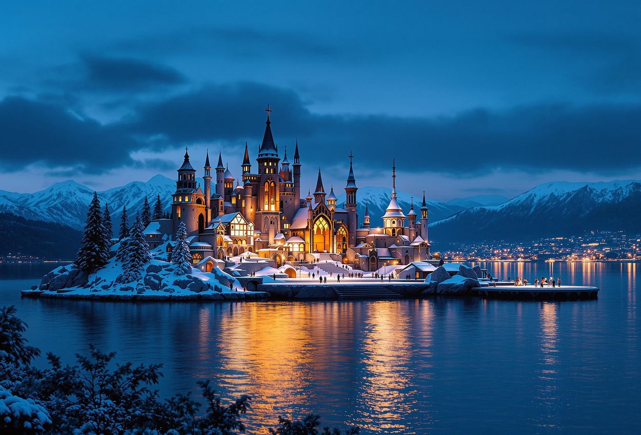A captivating twilight photograph of the Bregenzer Festspiele floating stage on Lake Constance, featuring 