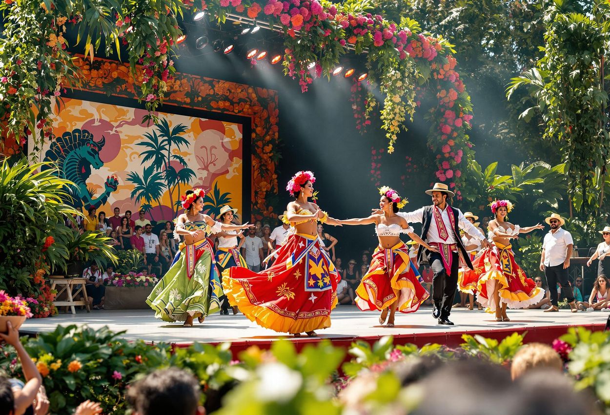 A captivating photograph of a Columbian dance group performing on the Tourism Island stage at Donauinselfest in Vienna, showcasing the festival