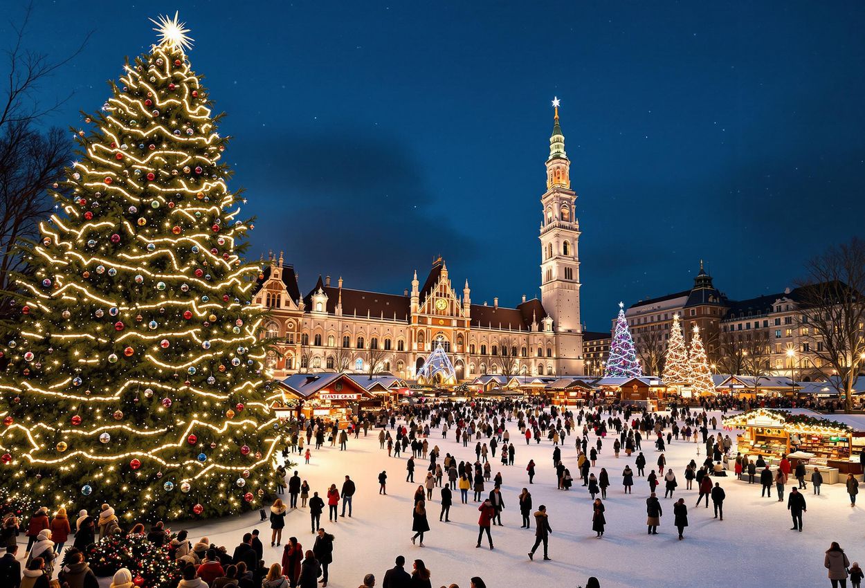 A vibrant photograph capturing the festive atmosphere of the Viennese Dream Christmas Market at Rathausplatz in Vienna, featuring the illuminated City Hall, a towering Christmas tree, and a bustling ice-skating rink.