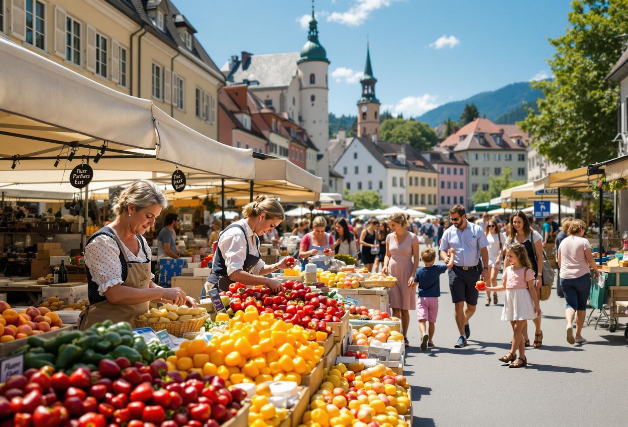 A vibrant photograph capturing the lively atmosphere of a weekly farmers market in Bregenz, Austria, filled with local vendors and shoppers.