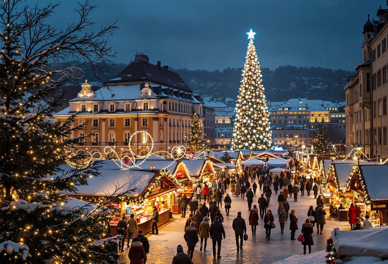 A photograph of the Christmas market on Hauptplatz in Graz, Austria, on a December evening. The scene captures the market stalls, the grand Christmas tree, and the surrounding historic buildings, all illuminated with festive lights.