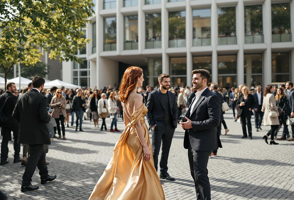 A wide-angle photograph capturing the vibrant atmosphere outside Halle E+G at MuseumsQuartier during Vienna Fashion Week 2025. Attendees in fashionable outfits and photographers fill the scene, set against the backdrop of modern architecture in late afternoon light.
