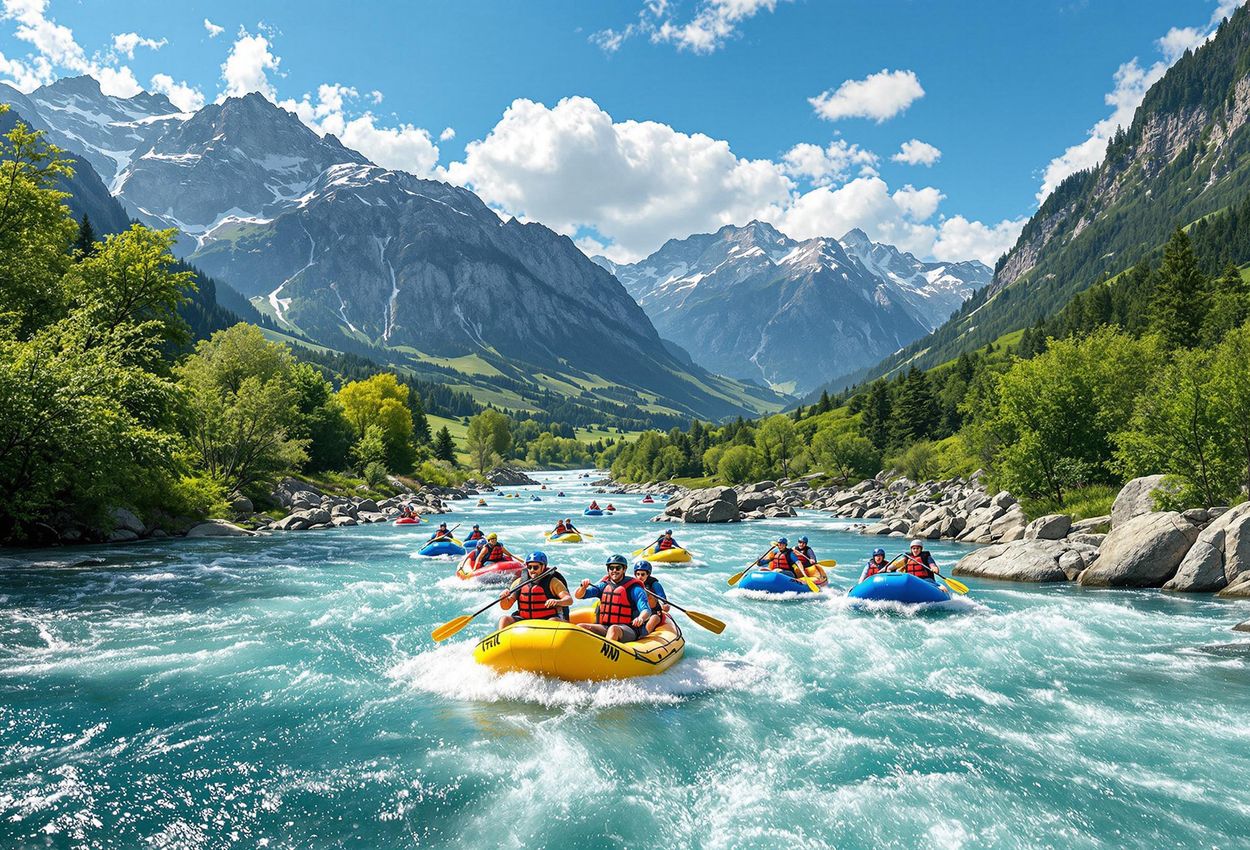 A panoramic photograph capturing the thrill of whitewater rafting on the crystal-clear Salza River in Wildalpen, Austria, set against the backdrop of the majestic Styrian Alps.