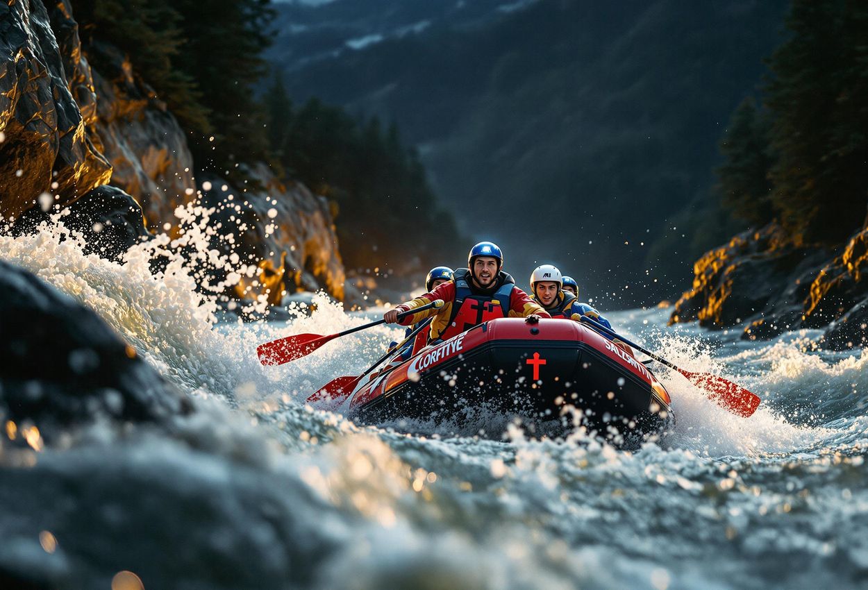 A low-angle action photograph capturing the intensity of the World Rafting Cup night race on the Salza River in Wildalpen, Austria. Rafters paddle furiously through illuminated rapids, showcasing their skill and athleticism.