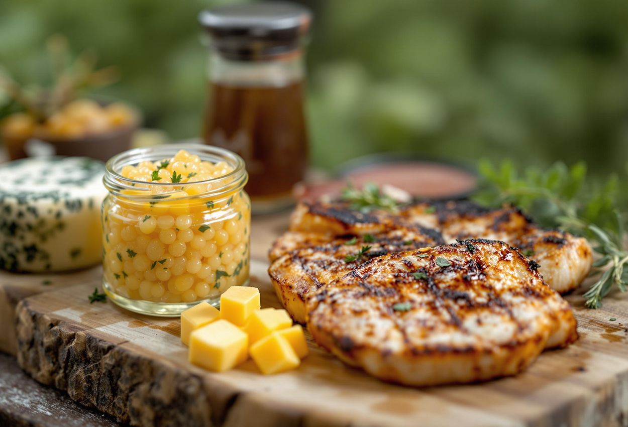 A close-up photograph showcasing Alpenkaviar, Tyrolean cheese, and Fledermaus pork at the Genuss-Festival, capturing the rustic elegance and culinary richness of the Alpine region.