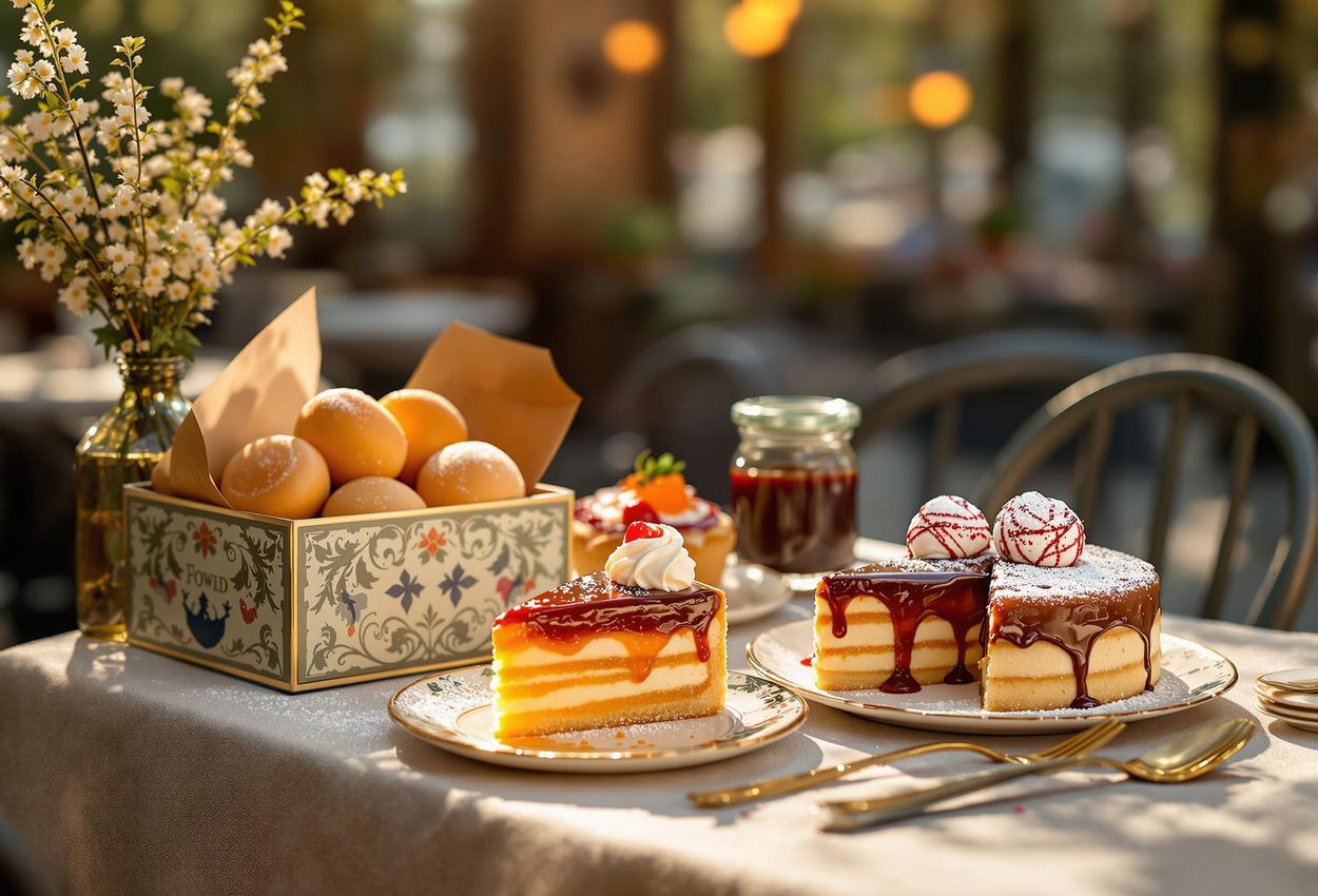 A detailed photograph capturing the exquisite Viennese desserts at the Genuss-Festival, showcasing Sachertorte, Apfelstrudel, Mozartkugeln, and Powidl in a traditional coffeehouse setting.